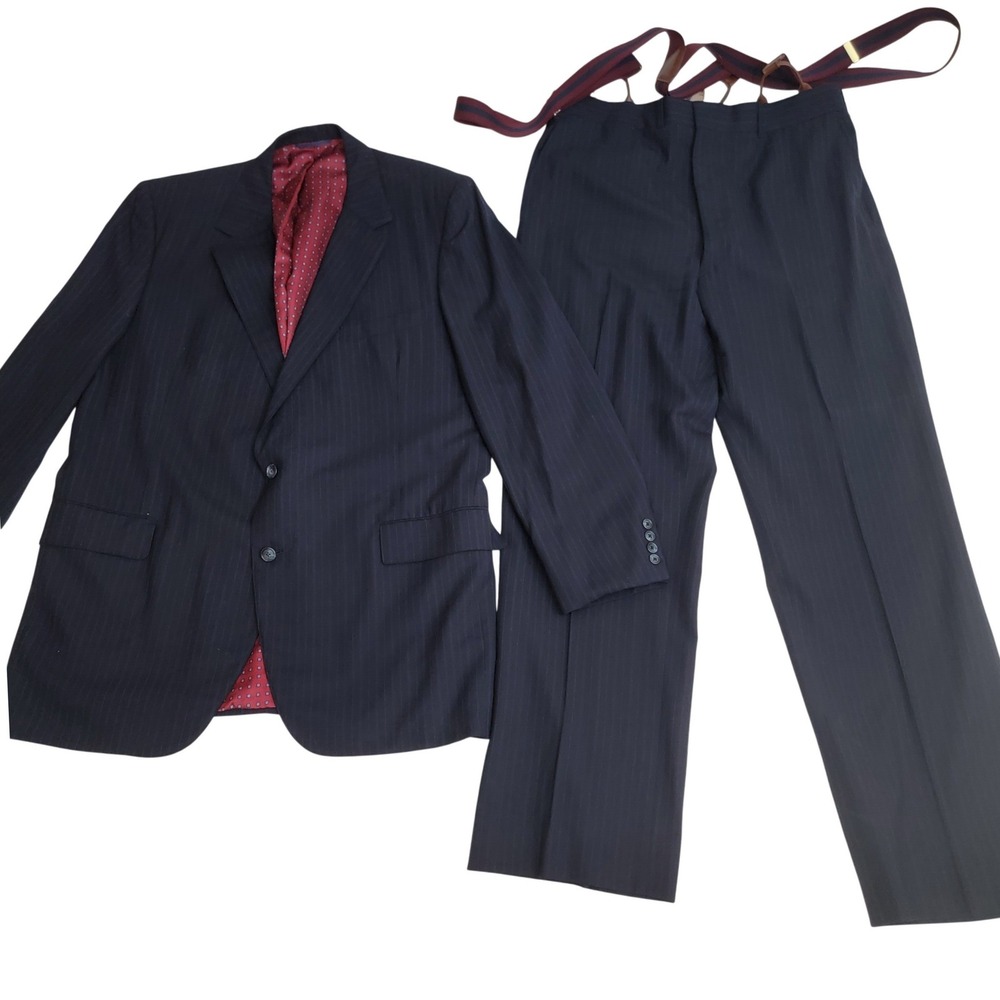 D'Alonzo-Lancaster Navy Pinstripe 2-Pc Suit Union USA Made Suspenders 46L READ